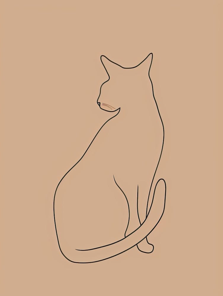 Cat Sitting On A Beige Background - Boho, Line Art