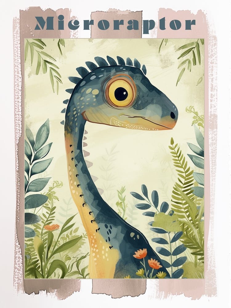 Cartoon Microraptor Dinosaur Watercolour 1 Poster