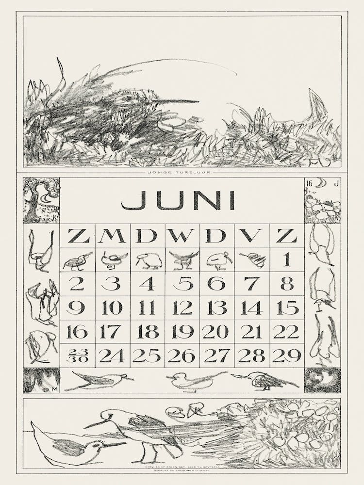 June Calendar Sheet With Redshank In The Grass (1917), Theo Van Hoytema