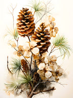 Earthy Floral Artwork – Rustic Pine Cones & Fall Blooms Print