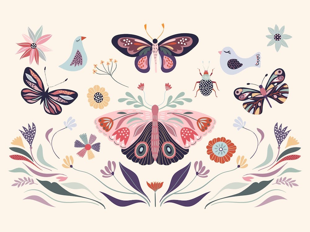 Butterflies And Flowers Scandinavian
