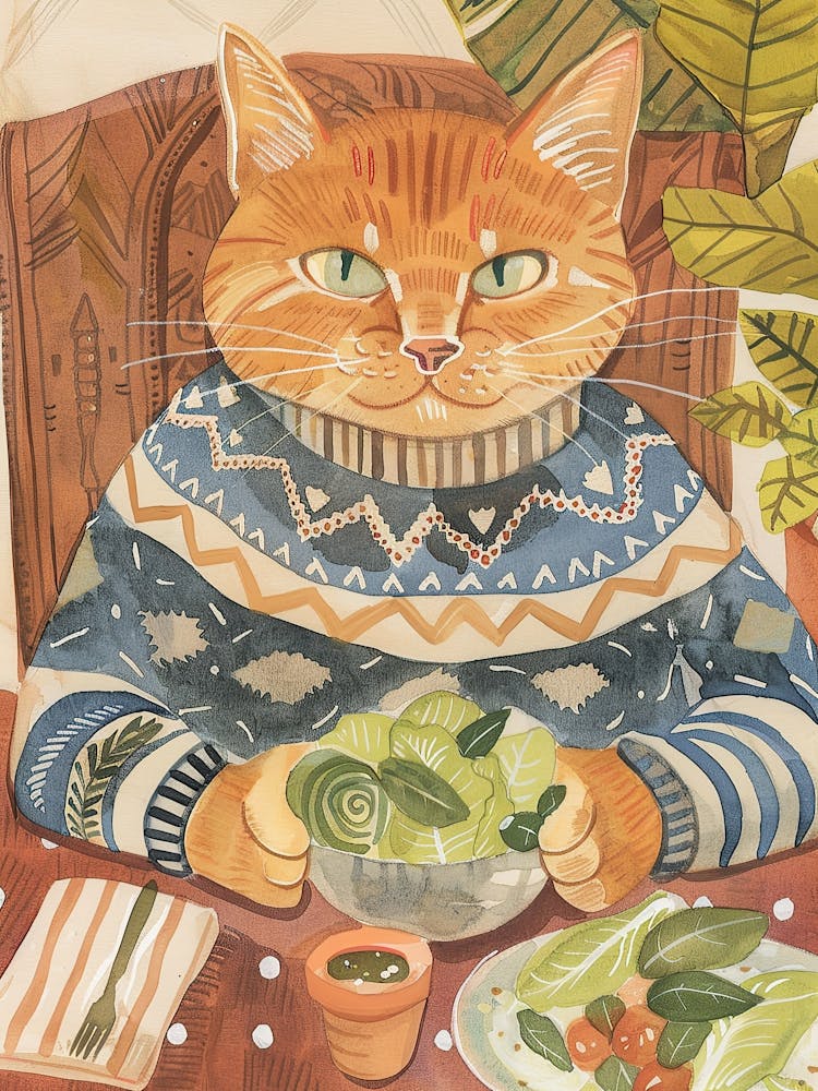 Tan Cat Eating A Salad Folk Illustration 3