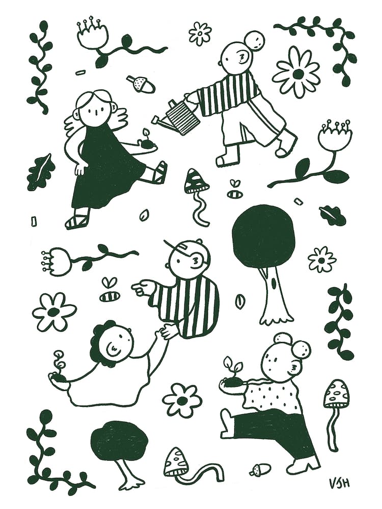 Plant a tree: illustrated nature scene with trees, mushrooms and characters 4