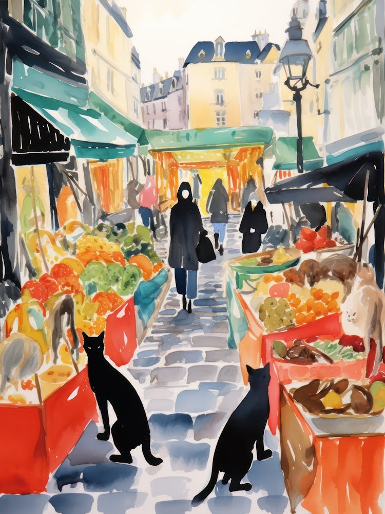 Food Market With Cats In Paris 1 Watercolour