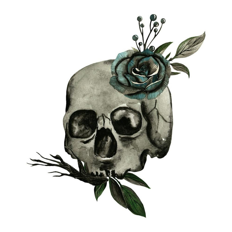 Dark hand drawn gothic skull and black rose