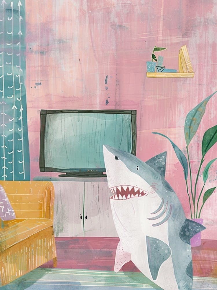 Shark In The Living Room Gouache Painting
