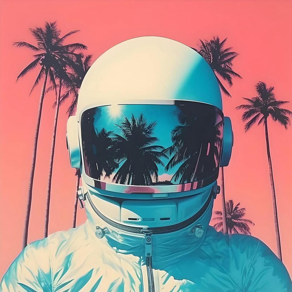 Risograph Style Surreal Astronaut, Palm Tree Print 2