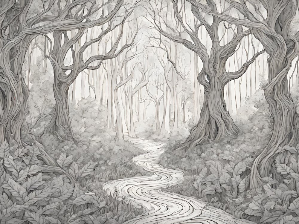 Enchanted Forest With Twisting Trees And Hidden Paths