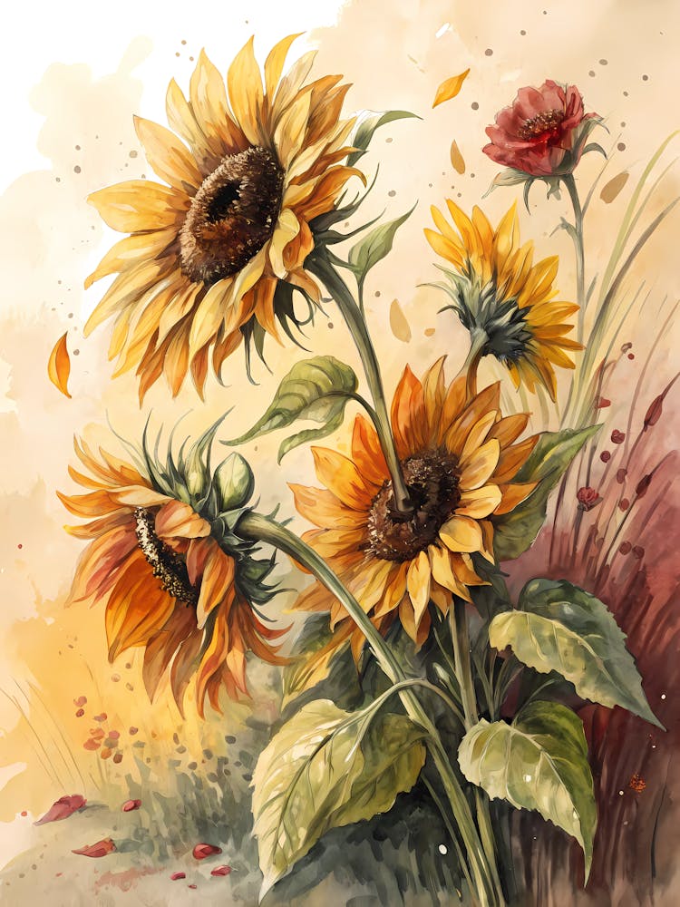 Oil Painting Style Sunflowers In Sketch With Warm