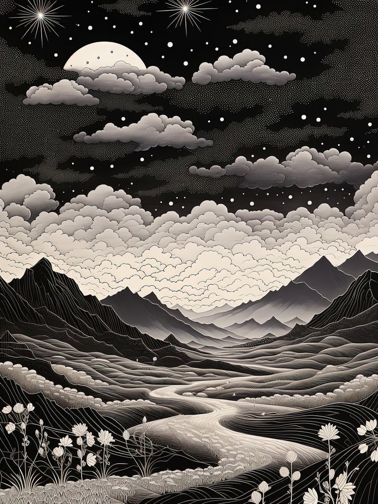 Aso Caldera In Kumamoto, Ukiyo E Black And White Line Art Drawing 3