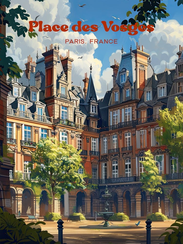 Place Des Vosges Paris Art Illustration