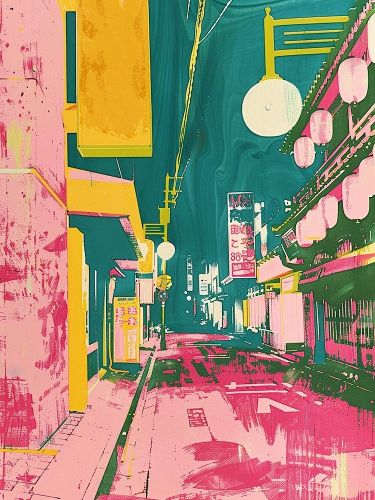 Japan Pink Silkscreen Street Scene