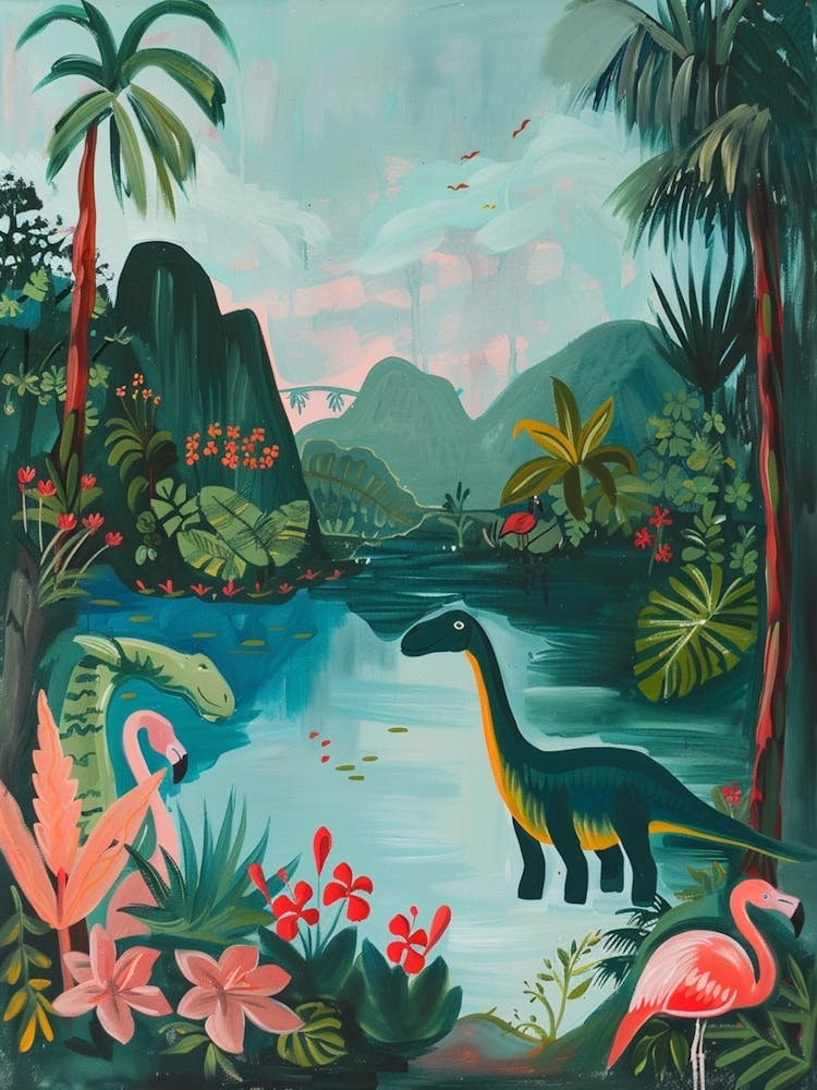 Dinosaur With Flamingo Painting 2