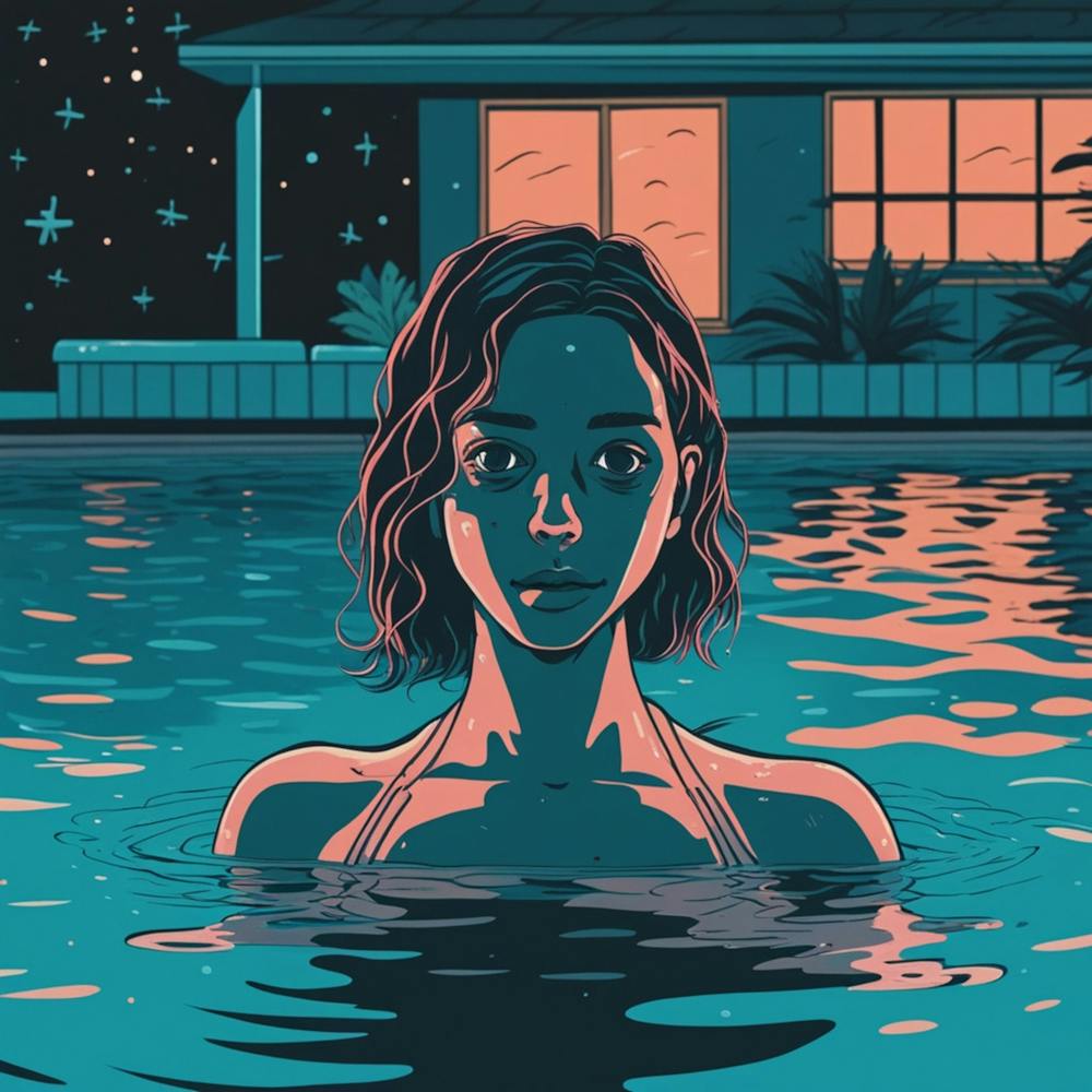 Girl Swimming In A Pool In The Middle Of The Night