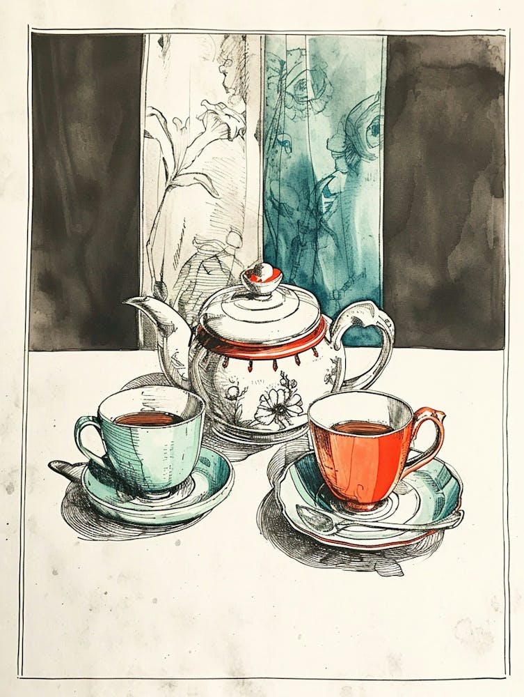 Watercolour Afternoon Tea Line Illustration 2