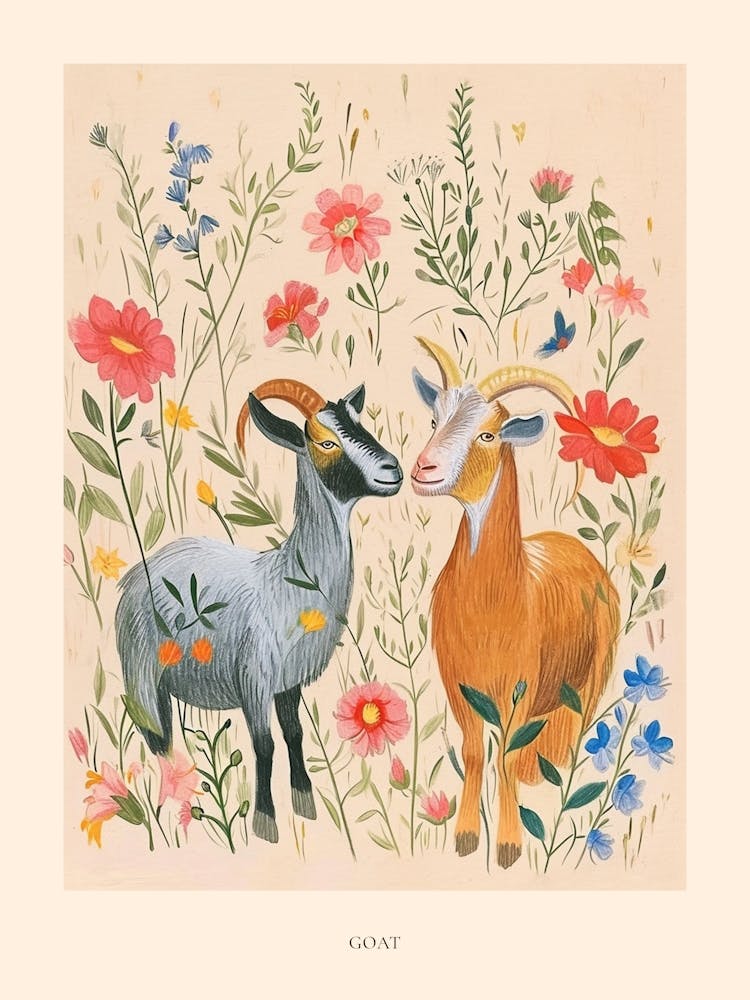 Folksy Floral Animal Drawing Goat 4 Poster