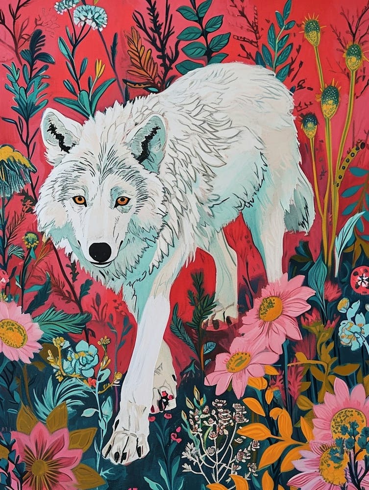Floral Animal Painting Arctic Wolf 1