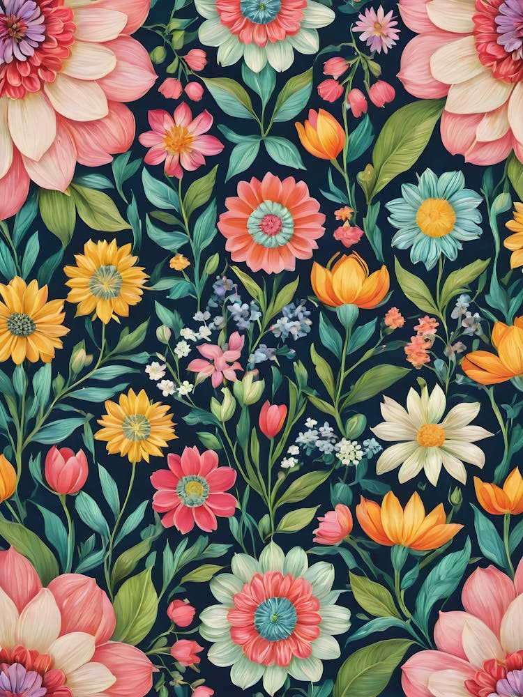 Painted Summer Flowers Boho Pattern - Navy Background Pink Bohemian Wallpaper Art Like Amy Butler and William Morris Fabric Print For Lunar Pagan Gallery Feature Wall Floral Botanical Luna Lover HD