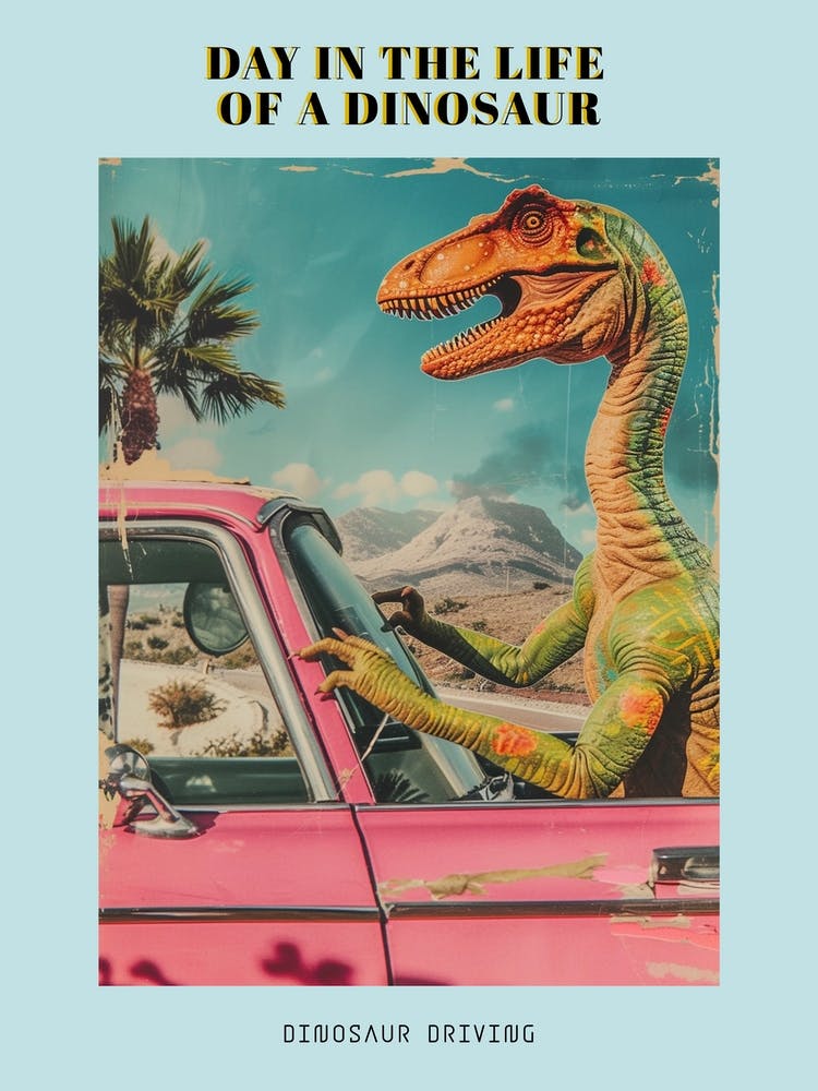 Dinosaur & A Retro Car Collage 4 Poster