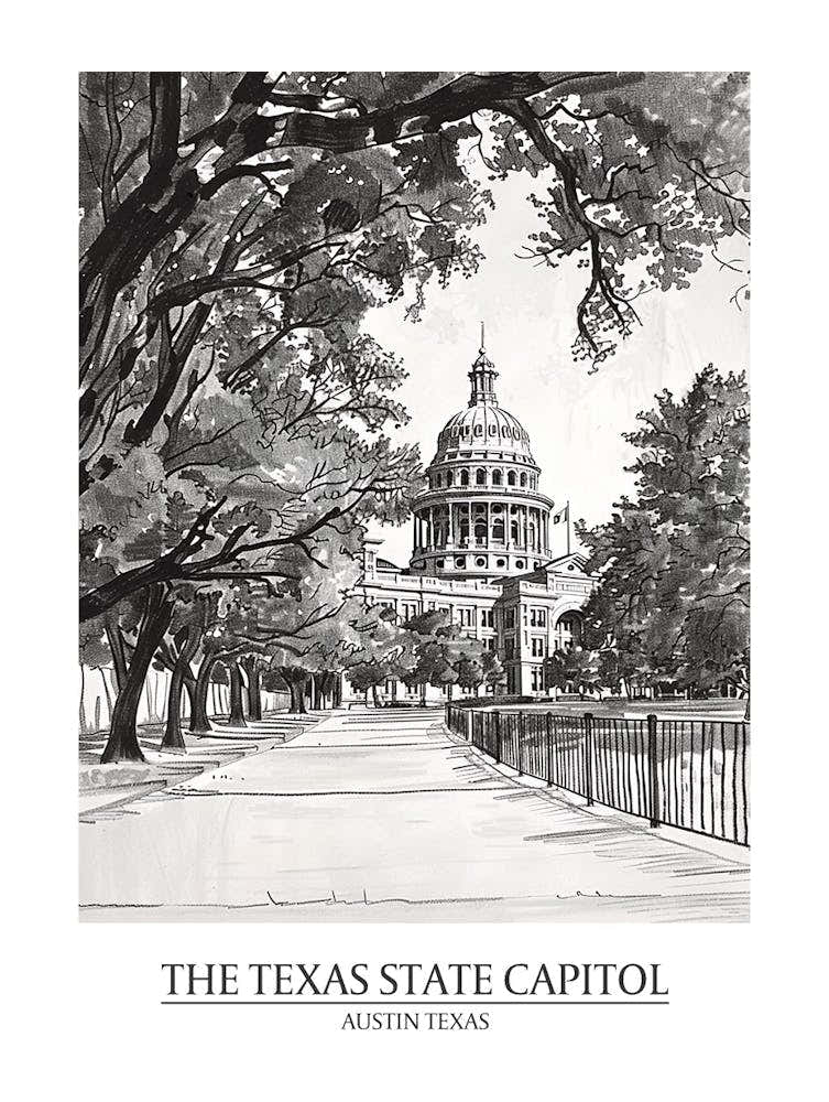 The Texas State Capitol Austin Texas Black And White Drawing 4 Poster