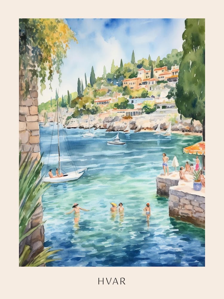 Swimming In Hvar Croatia Watercolour Poster