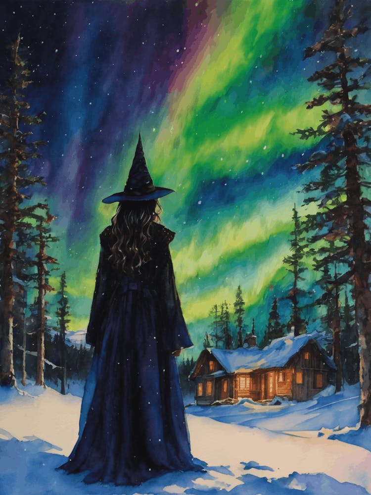 A Witch at The Northern Lights - Outside her Winter Cottage She Witnesses The Magick of Aurora Borealis, Spellcasting For Yule, The Winter Solstice Witches Christmas Wicca Wheel of the Year, Paganism by Lyra the Lavender Witch