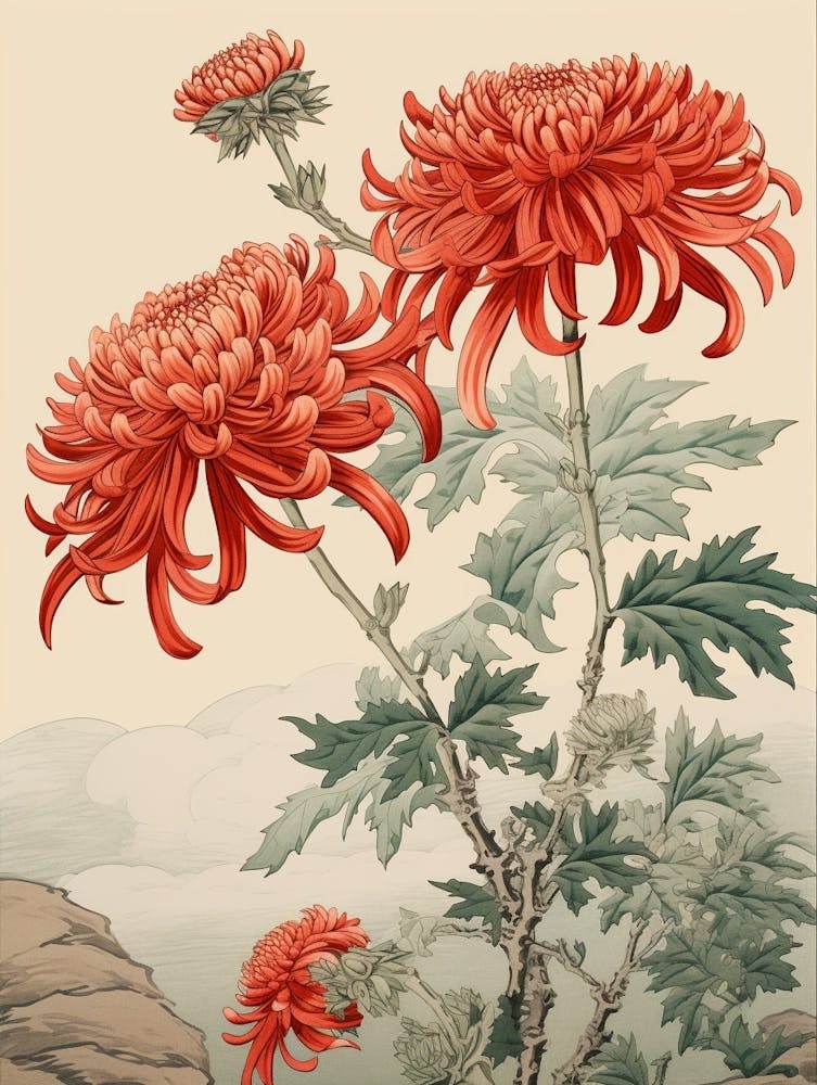 Kiku Chrysanthemum 2 Japanese Botanical Illustration