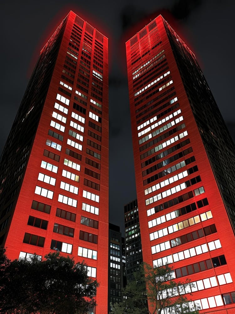 Two Buildings Lit Up In Red