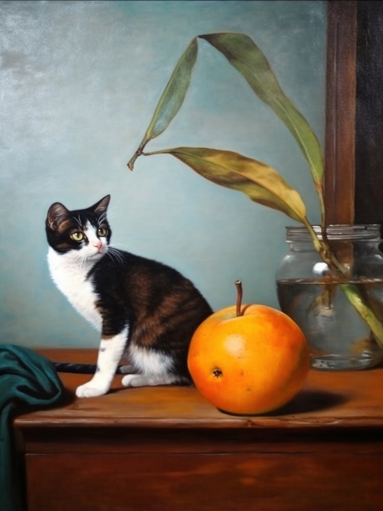Painting Of A Still Life Of A Bird Of Paradise With A Cat, Realism 4