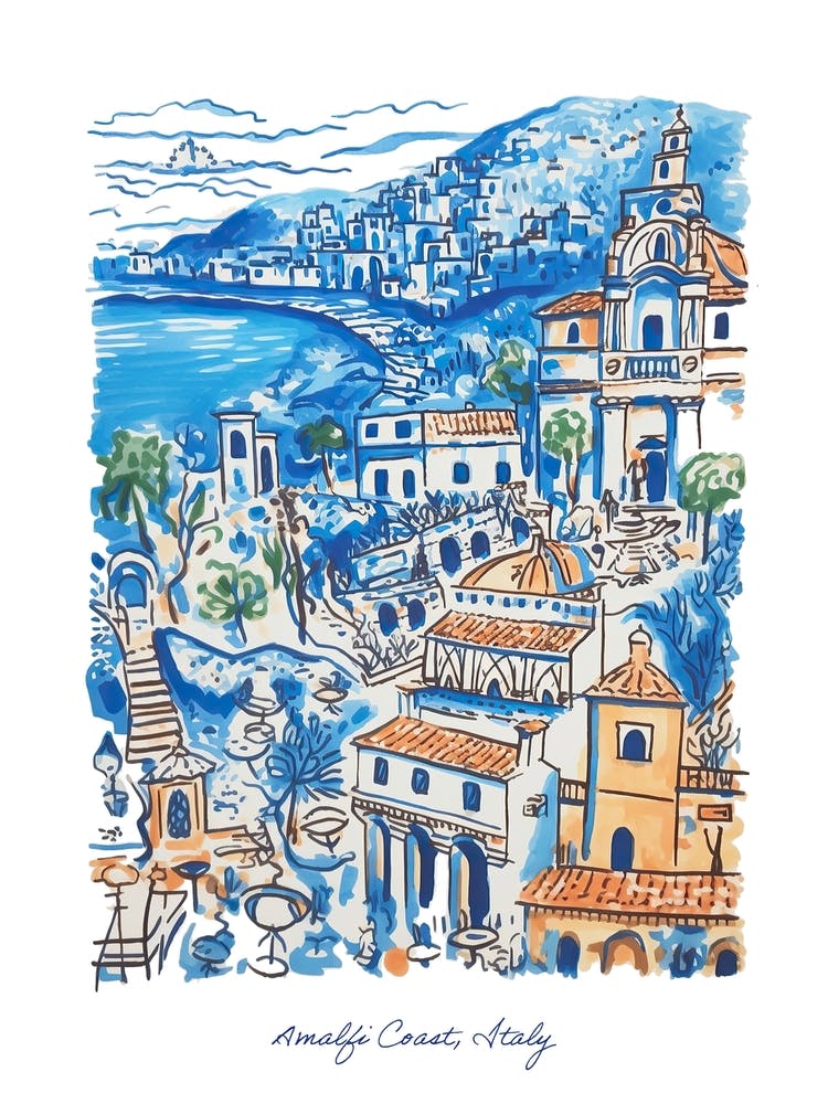 Amalfi Coast Italy Illustration Line Art Travel Blue