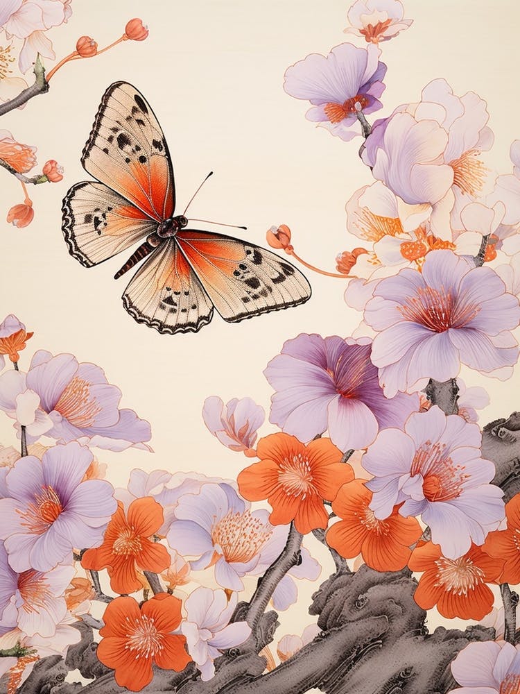 Japanese Style Painting Of A Butterfly With Flowers 6