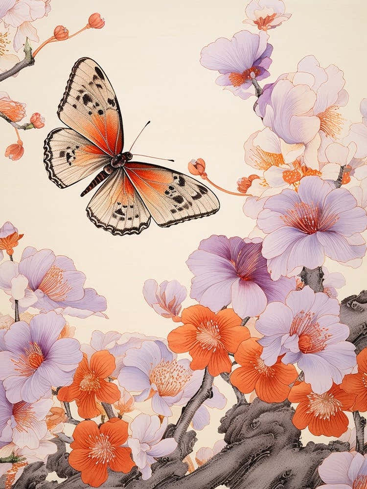 Japanese Style Painting Of A Butterfly With Flowers 6