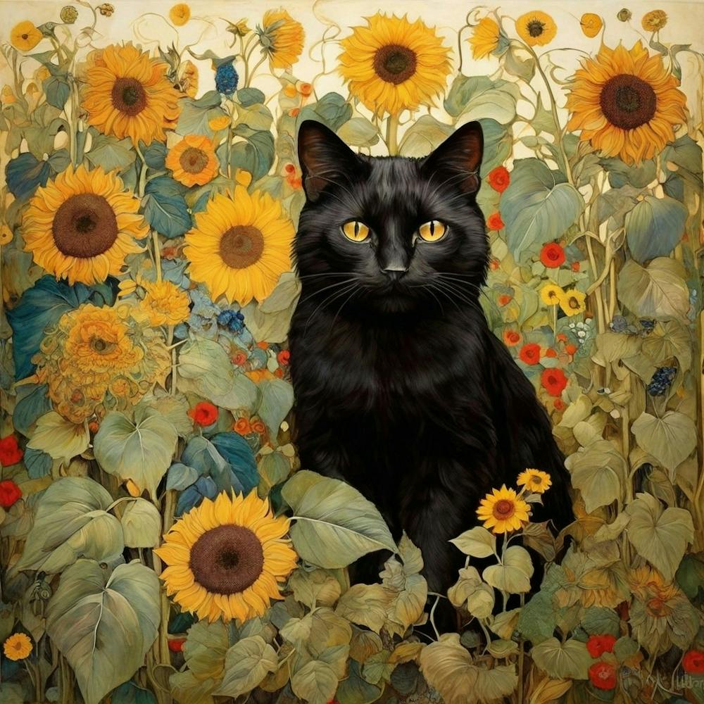 Black Cat In Sunflowers