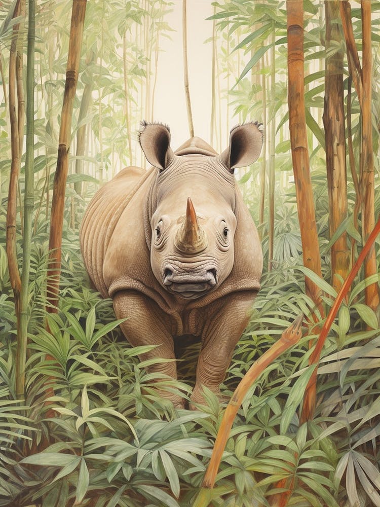 Vintage Illustration Of A Rhino Walking Through The Leaves 3