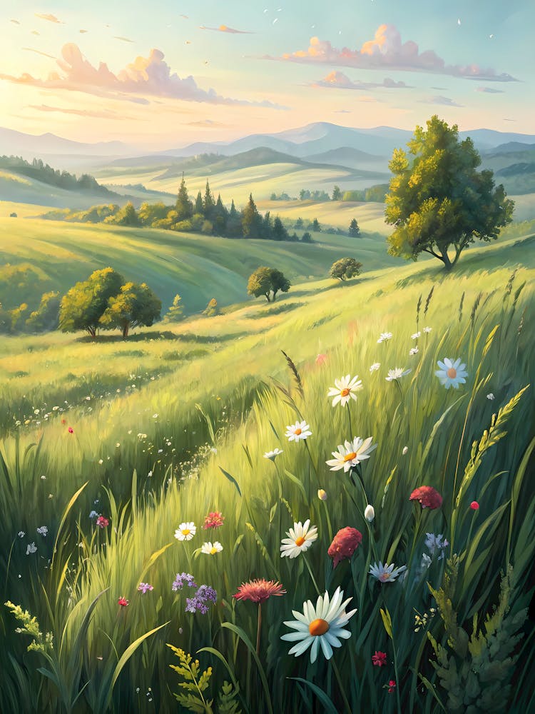 Oil Painting Style Lush Green Meadow Wildflowers & Rolling Hills