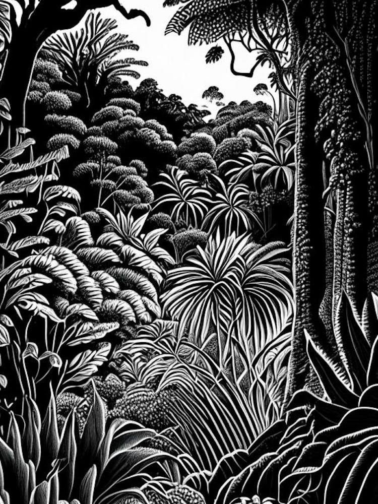 Royal Botanic Gardens, Kandy, Sri Lanka Linocut Black And White Vintage