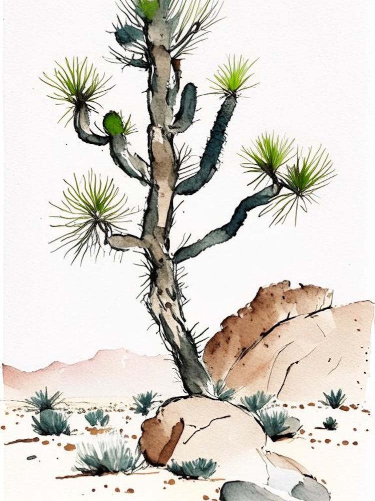 Joshua Tree In Rocky Landscape Minimilist Watercolour  (3)