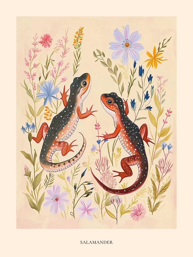 Folksy Floral Animal Drawing Salamander Poster