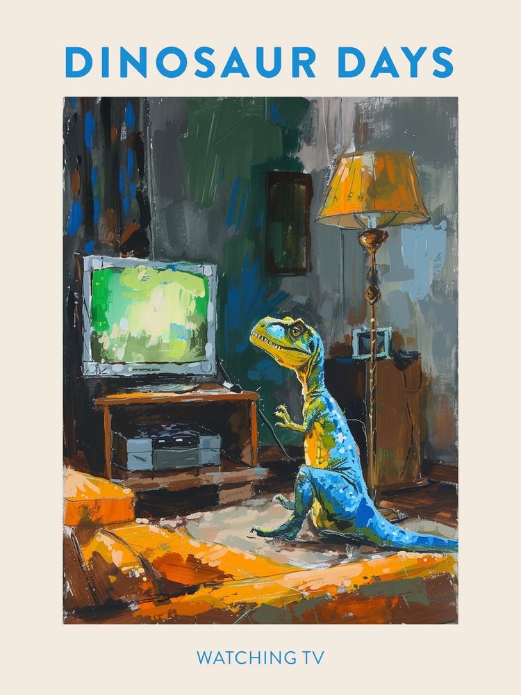 Dinosaur Watching Tv Blue Mustard Poster 2