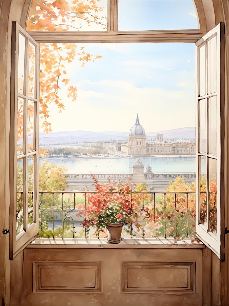 Window View Of Geneva Switzerland In Autumn Fall, Watercolour 3