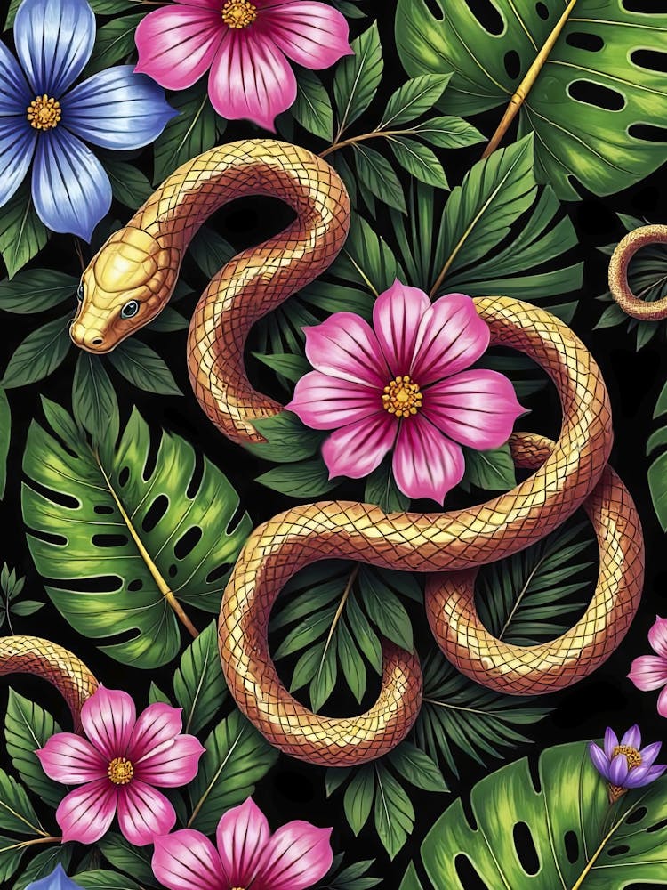 Tropical golden snakes and flowers in jungle - Chinese New Year 2025, seamless floral poster 2
