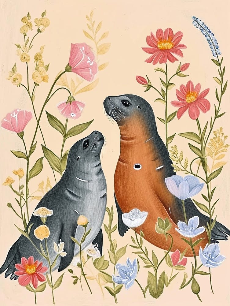 Folksy Floral Animal Drawing Harp Seal