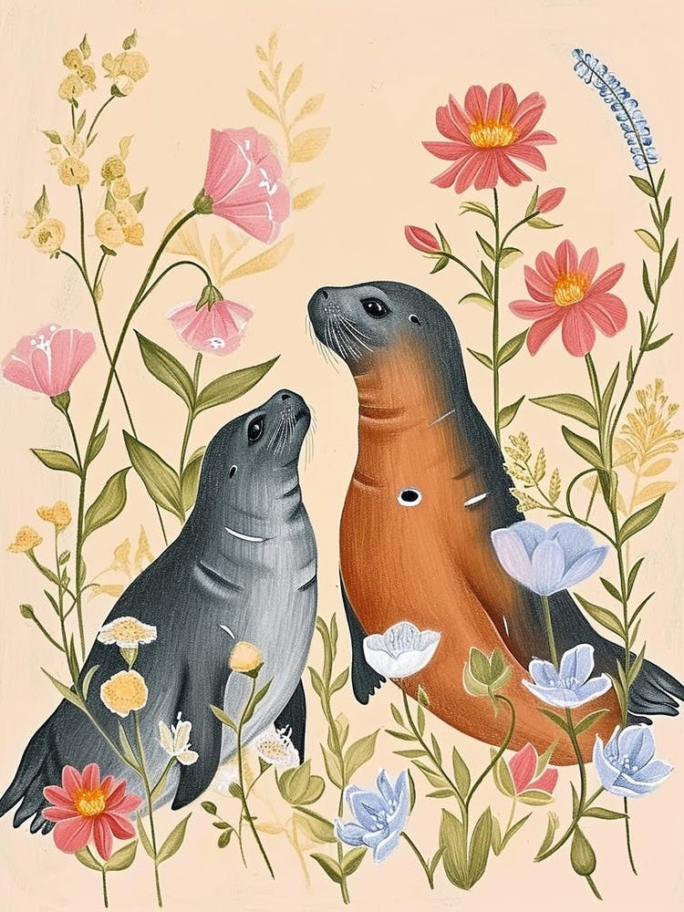 Folksy Floral Animal Drawing Harp Seal