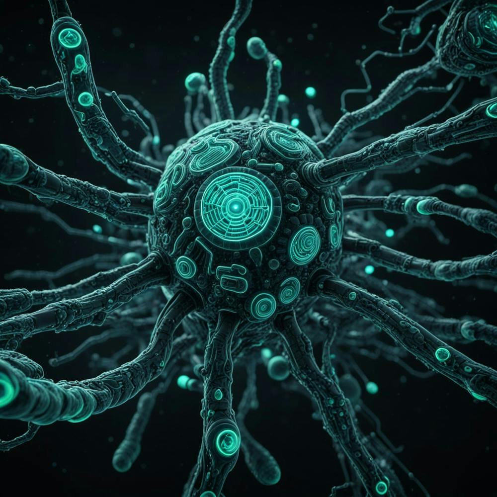 Close Up On A Stylized Bacteria Virus Morphing Into A Cybernetic Entity Intricate Circuitry Patter