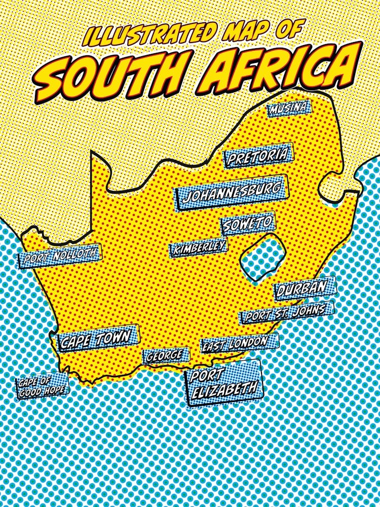 Pop Art Illustrated Map Of South Africa