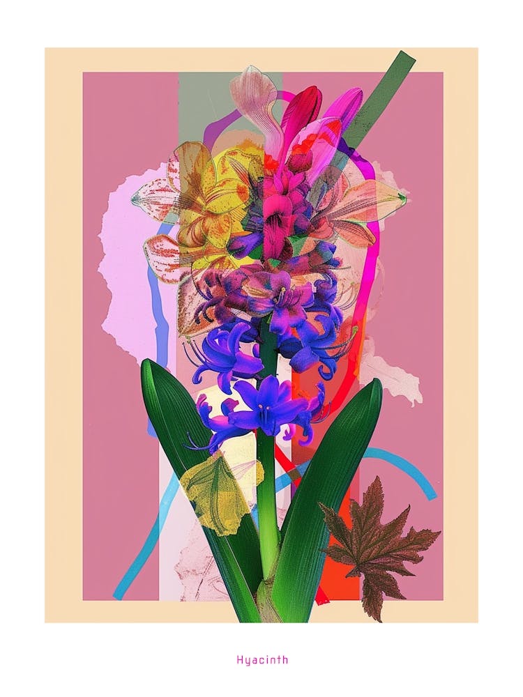 Hyacinth 3 Neon Flower Collage Poster