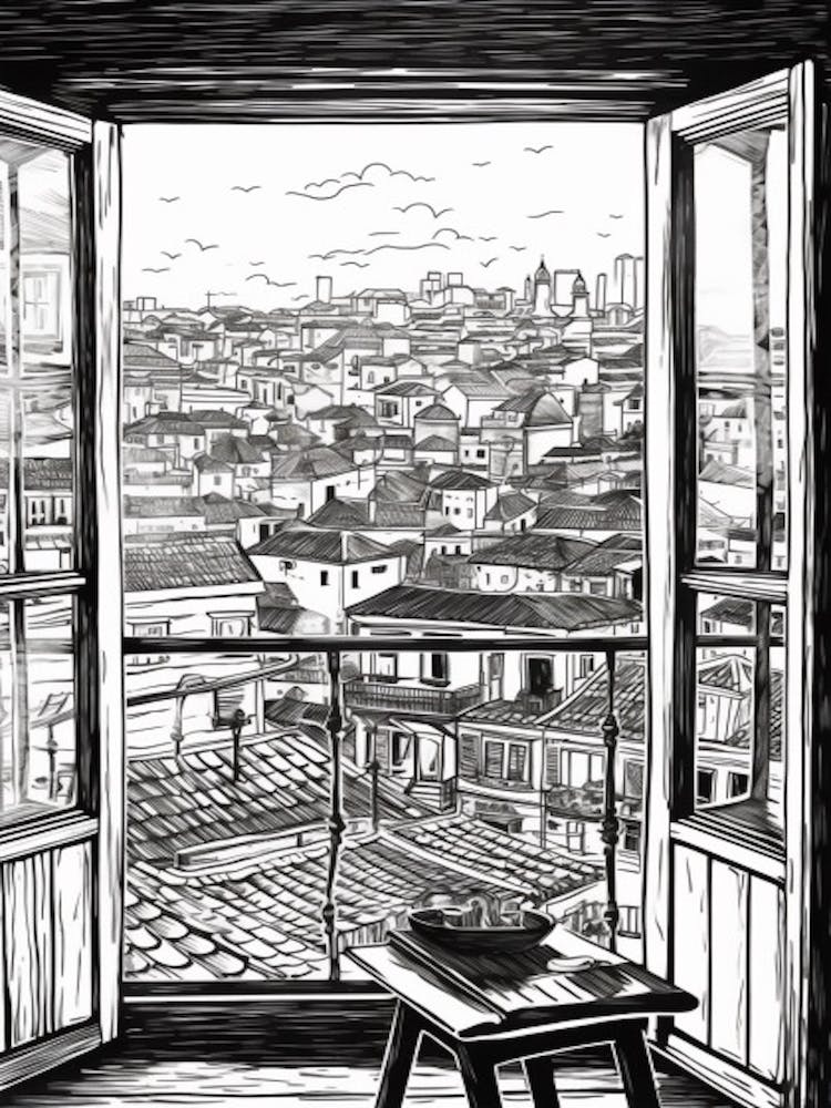A Window View Of Havana In The Style Of Black And White  Line Art 2