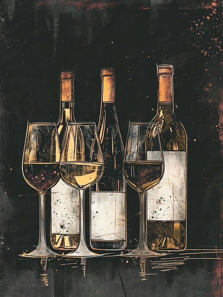 Wine Bottle & Glasses Ink Splash Illustration