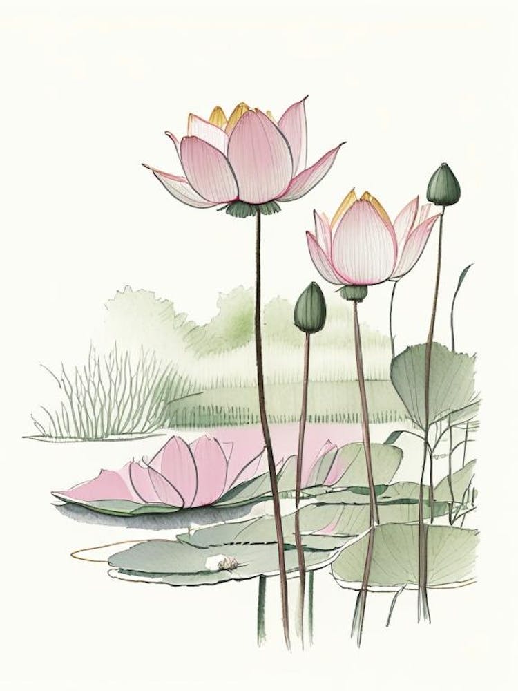Lotus Flowers In Park Pencil Illustration 11