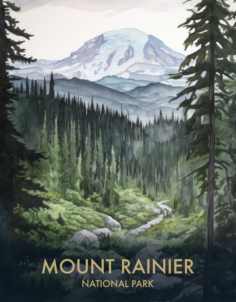 Mount Rainier National Park Watercolour Vintage Travel Poster 2